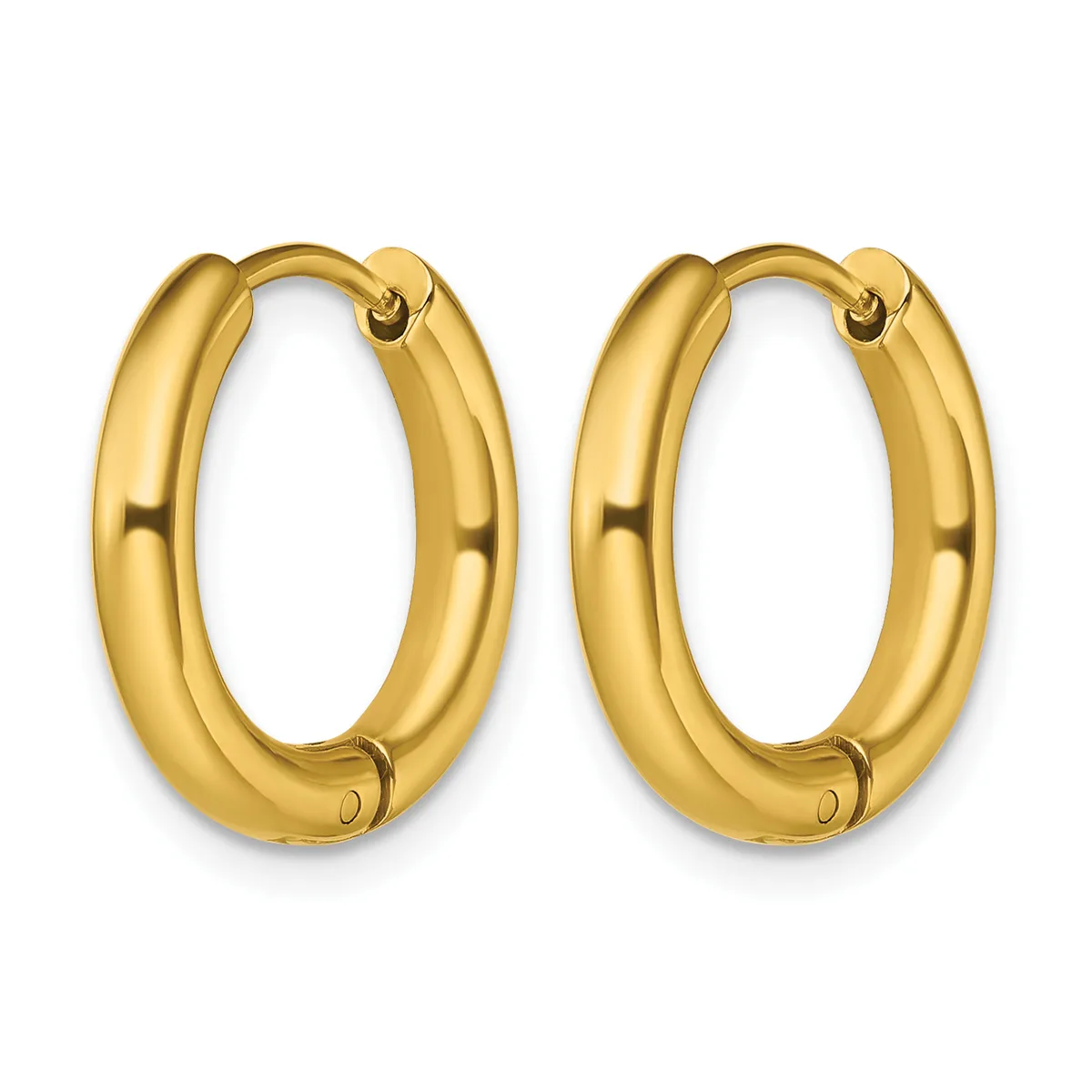 A pair of polished gold-colored chunky oval hoop earrings with a smooth, rounded surface and hinged closures.