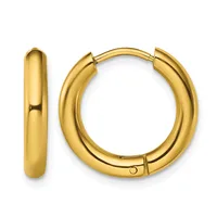A pair of polished gold-colored chunky hoop earrings with hinged closures, shown from the front and side view.