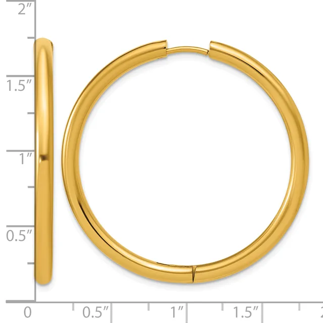 A polished gold-tone hinged bangle bracelet shown from front and side views with a measurement scale indicating approximately 1.5 inches in diameter.
