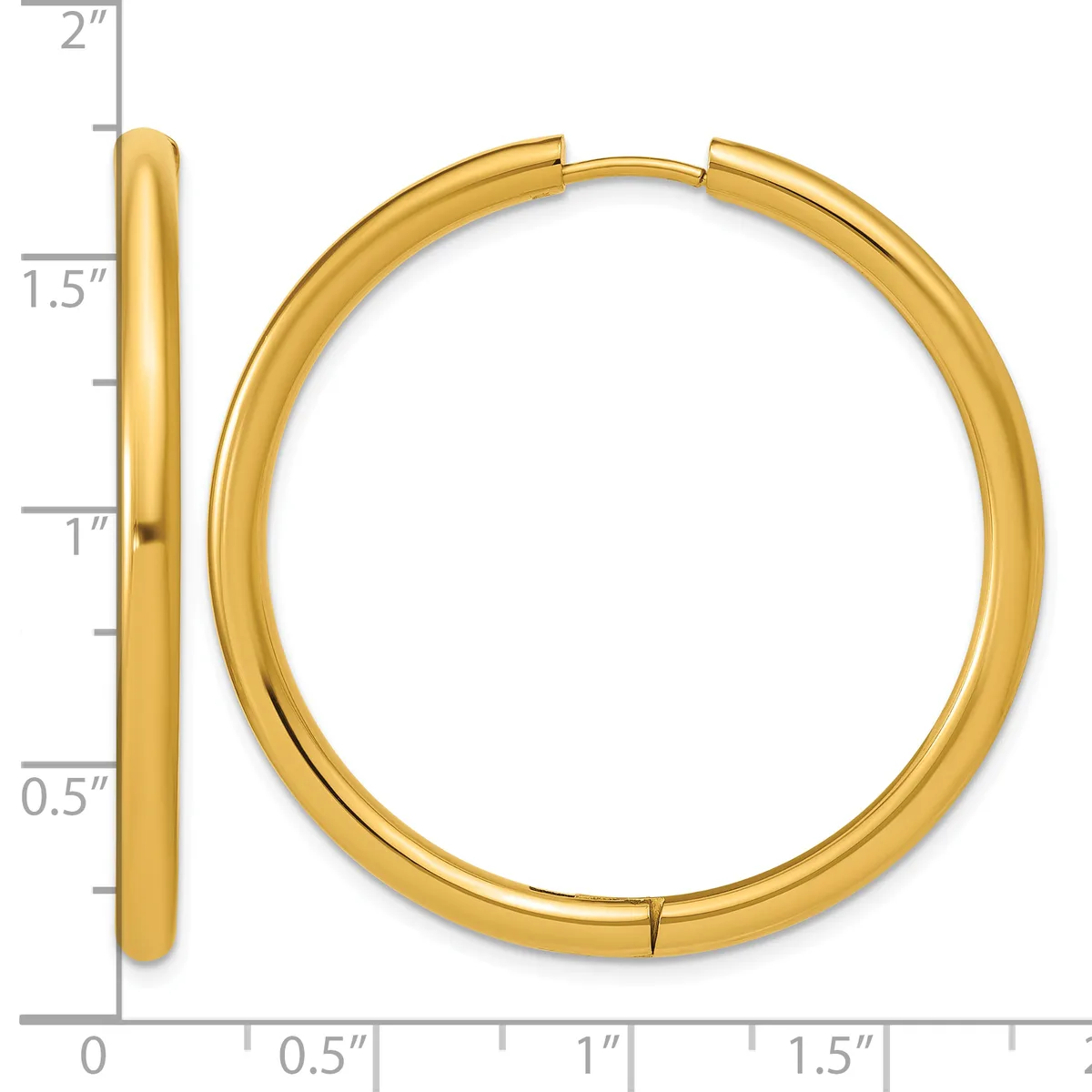 A polished gold-tone hinged bangle bracelet shown from front and side views with a measurement scale indicating approximately 1.5 inches in diameter.