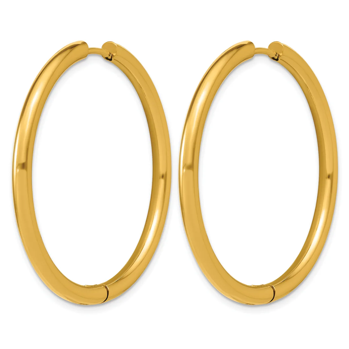 A pair of polished gold-toned oval hoop earrings with hinged closures, displayed side by side against a white background.