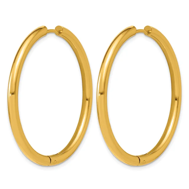 A pair of polished gold hoop earrings with a smooth, rounded surface and hinged closures, displayed against a white background.