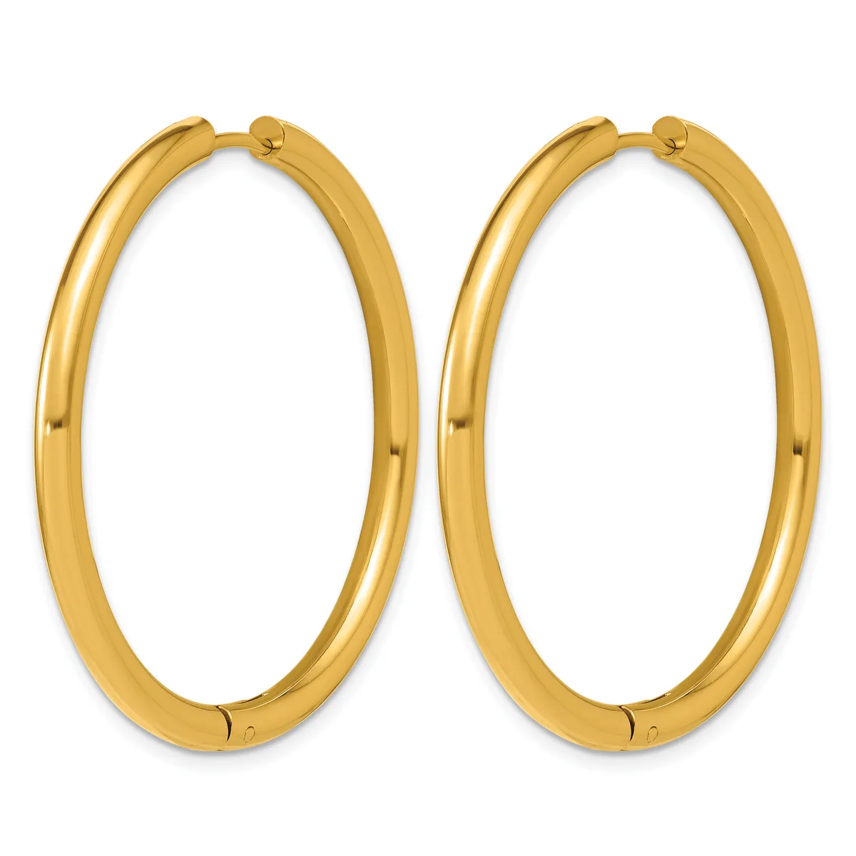 A pair of polished gold hoop earrings with a smooth, rounded surface and hinged closures, displayed against a white background.