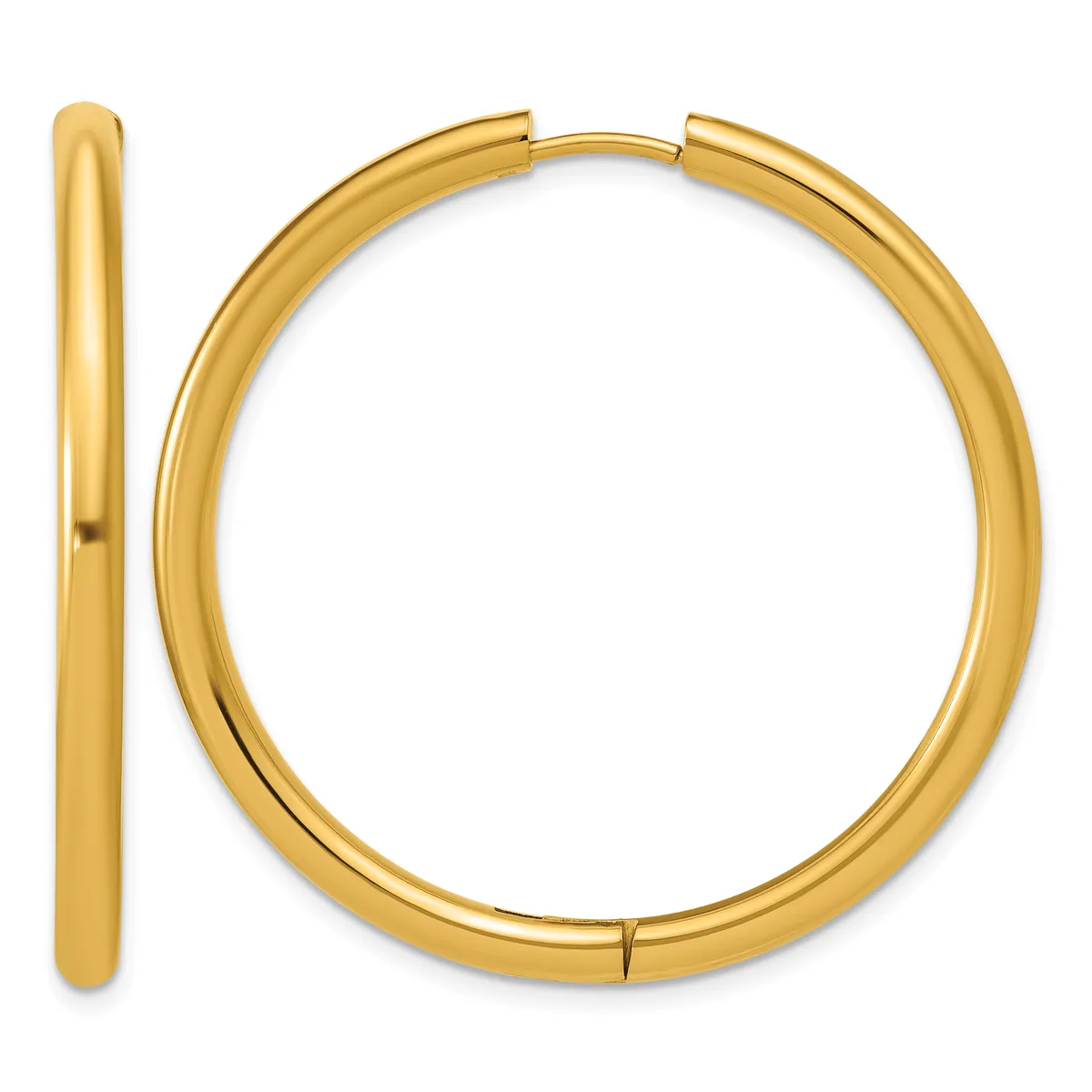 A pair of polished gold hoop earrings shown from the front and side view, displaying their tubular construction and hinged closure.