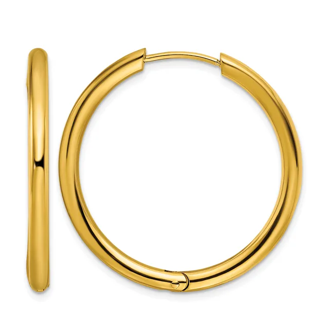 A pair of polished yellow gold hoop earrings displayed front and side view, showing their smooth curved tubular design with hinged closures.