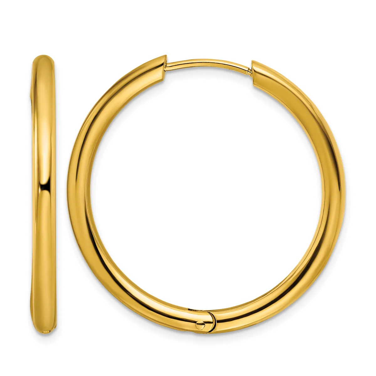 A pair of polished yellow gold hoop earrings displayed front and side view, showing their smooth curved tubular design with hinged closures.