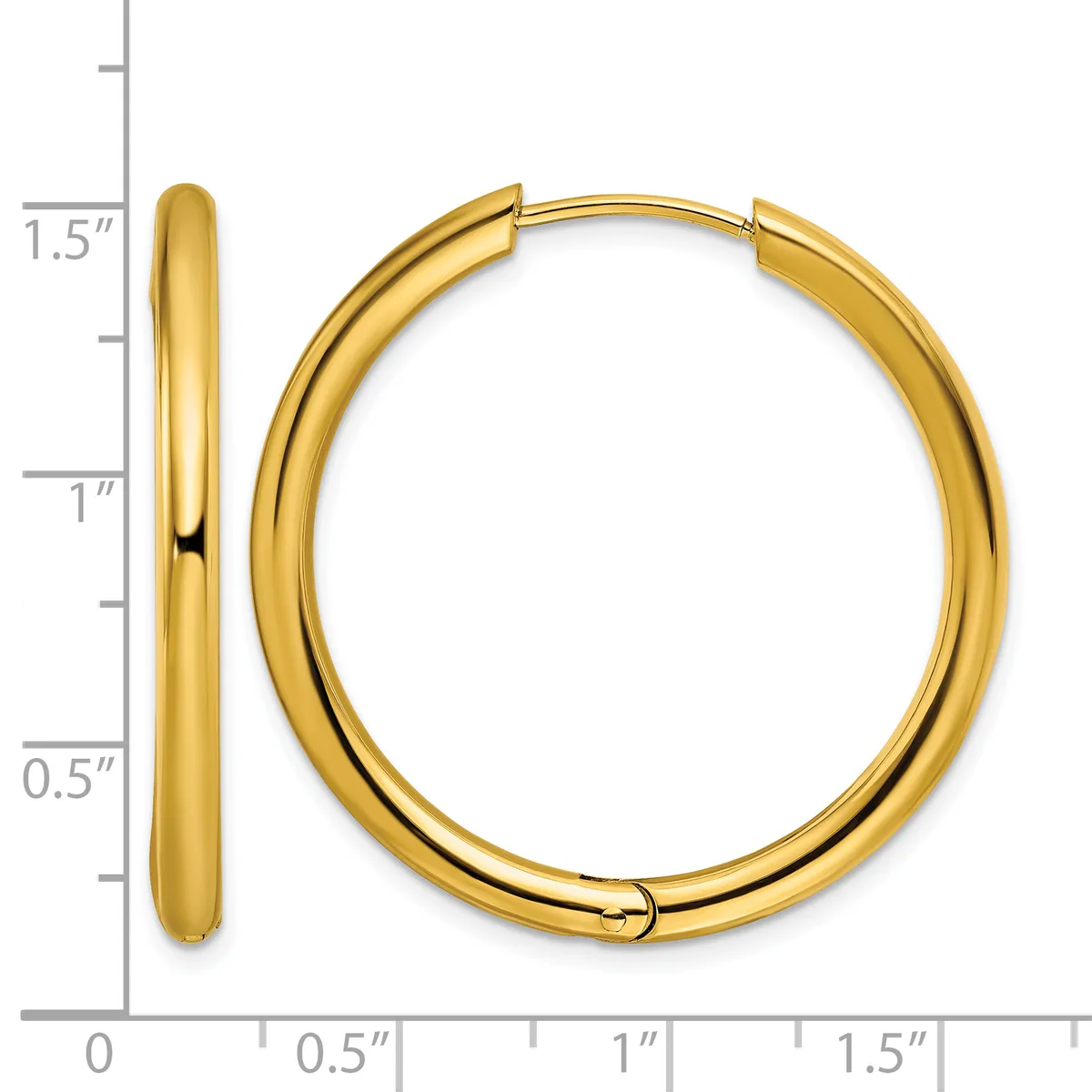 A pair of gold hoop earrings with a polished finish, displayed next to a ruler showing them to be approximately 1.5 inches in diameter.