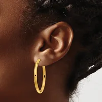 A person with dark skin and black hair wears a pair of polished gold hoop earrings against a neutral background.