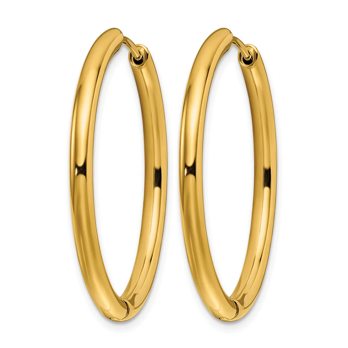 A pair of polished gold oval hoop earrings with hinged closures, displayed side by side against a white background.