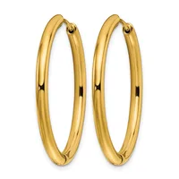 A pair of polished gold oval hoop earrings with hinged closures, displayed side by side against a white background.
