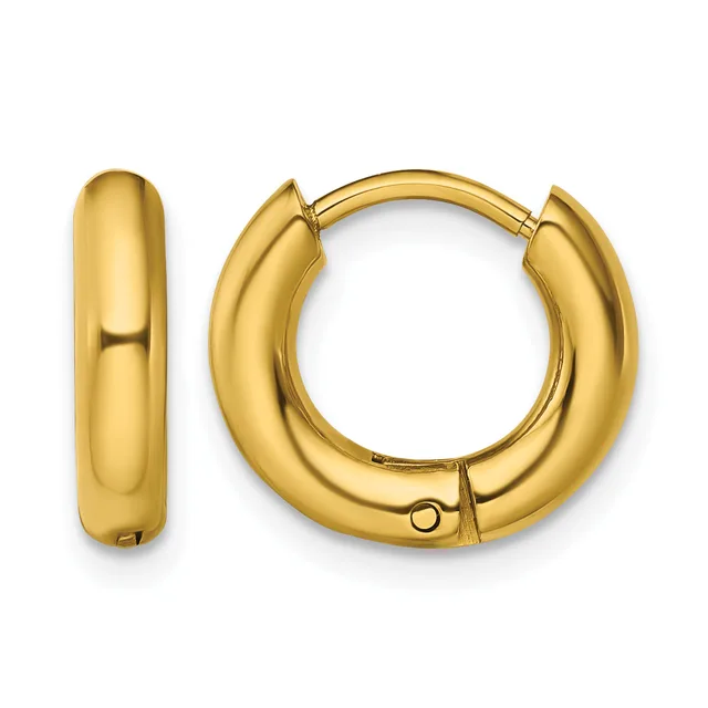 A pair of polished yellow gold hoop earrings with a chunky, rounded profile and hinged closure, shown from the front and side.