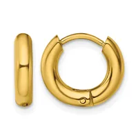 A pair of polished yellow gold hoop earrings with a chunky, rounded profile and hinged closure, shown from the front and side.