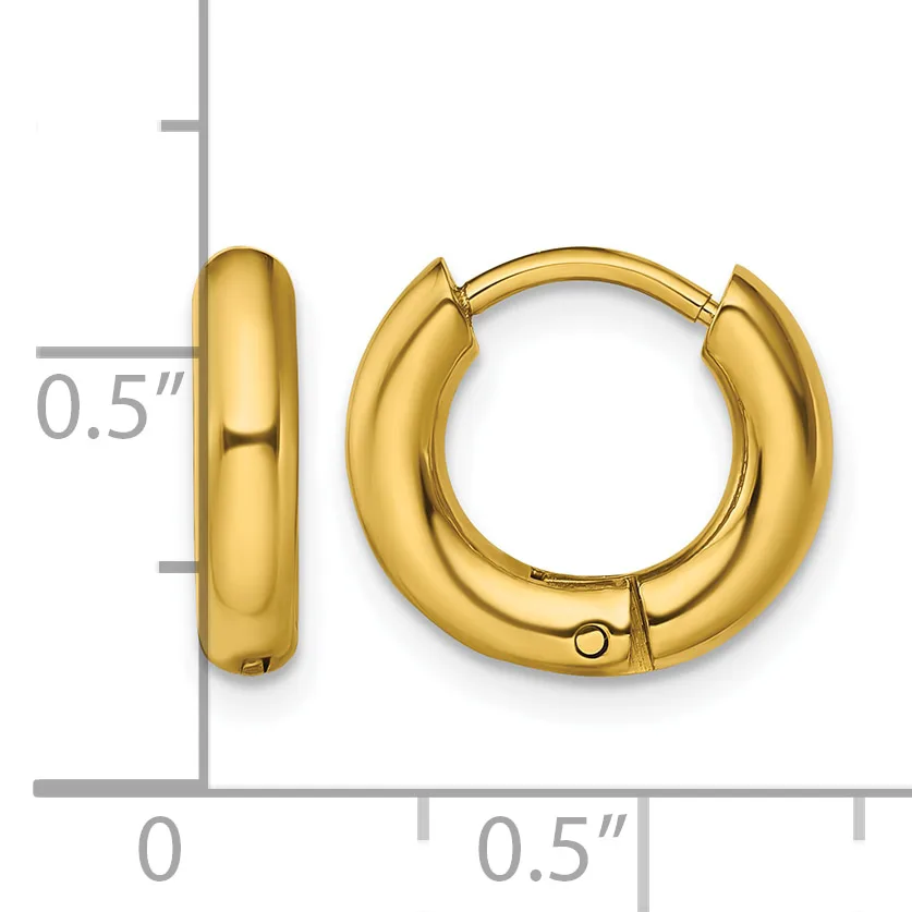 Pair of polished gold-toned chunky hoop earrings with a half-inch diameter, shown front and side view against a measurement scale.