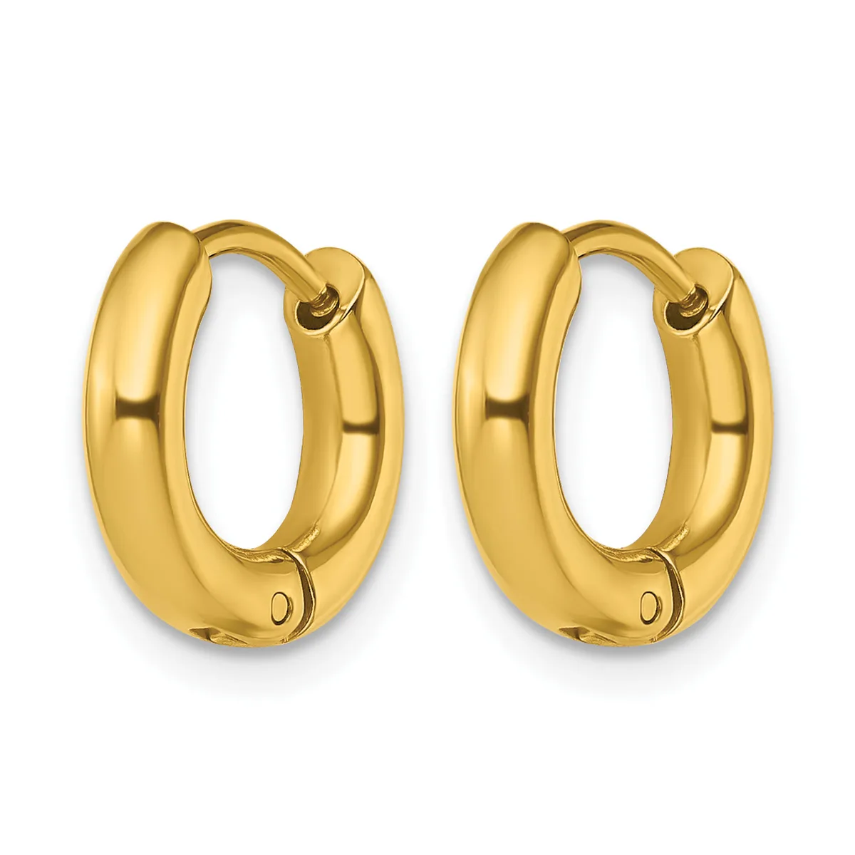 A pair of polished gold-colored chunky hoop earrings with a smooth rounded surface and hinged closures, displayed against a white background.