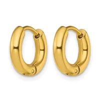 A pair of polished gold-colored chunky hoop earrings with a smooth rounded surface and hinged closures, displayed against a white background.
