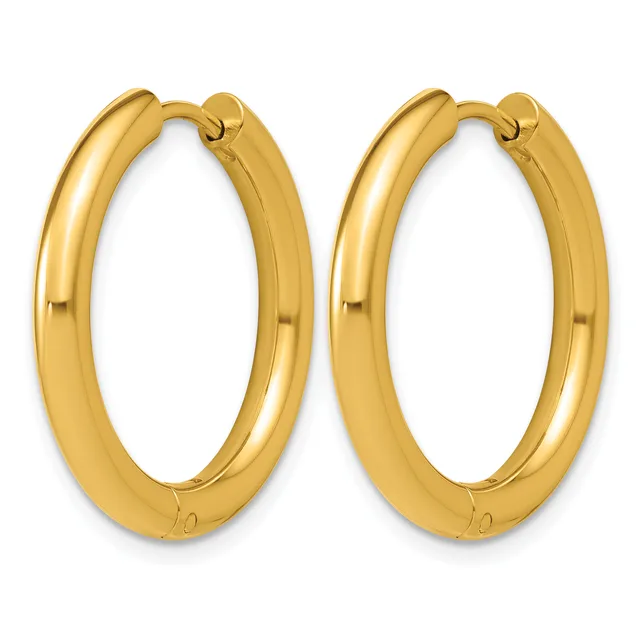 A pair of polished gold hoop earrings with a chunky oval shape and small post closures, displayed side by side against a white background.