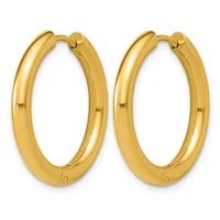 A pair of polished gold hoop earrings with a chunky oval shape and small post closures, displayed side by side against a white background.