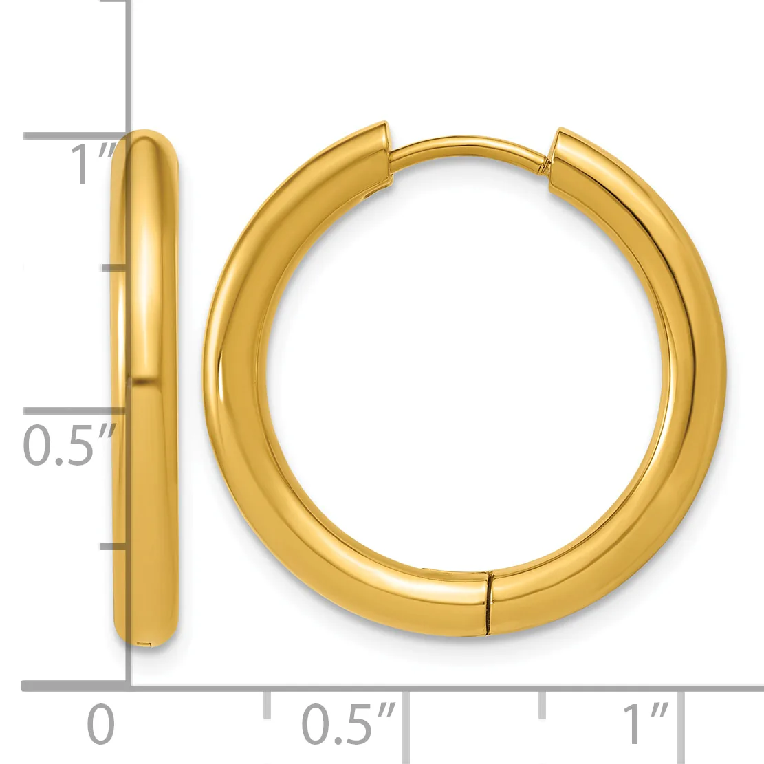 Polished gold-tone chunky hoop earrings with hinged closures, shown from front and side views with measurement scale indicating approximately one inch diameter and half inch width.