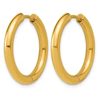 A pair of polished gold-toned chunky hoop earrings with hinged closures, displayed side by side against a white background.