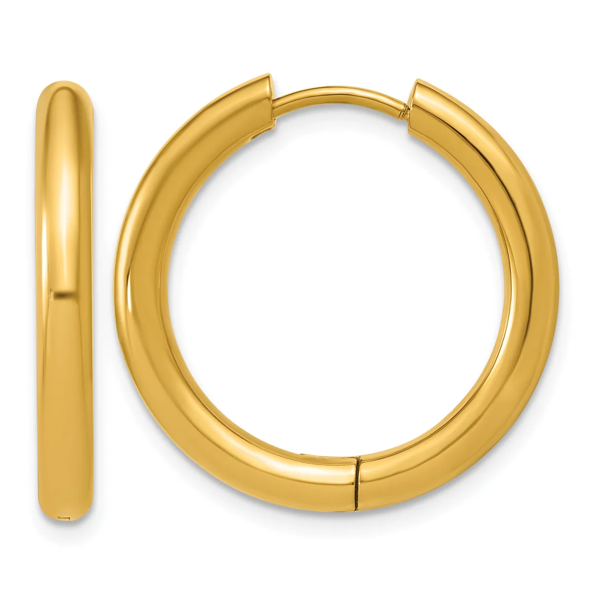 A pair of polished gold hoop earrings shown from the front and side, featuring a chunky rounded tubular design with a hinged clasp closure.