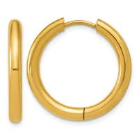 A pair of polished gold hoop earrings shown from the front and side, featuring a chunky rounded tubular design with a hinged clasp closure.
