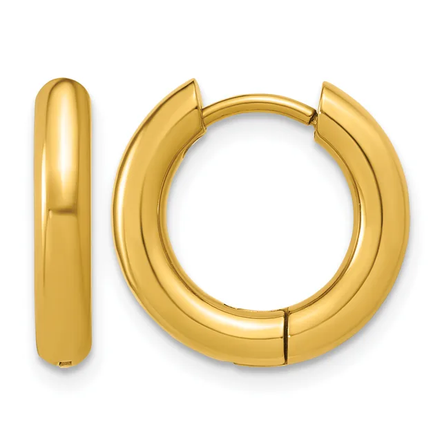A pair of polished gold hoop earrings displayed against a white background, shown from the front and side view.