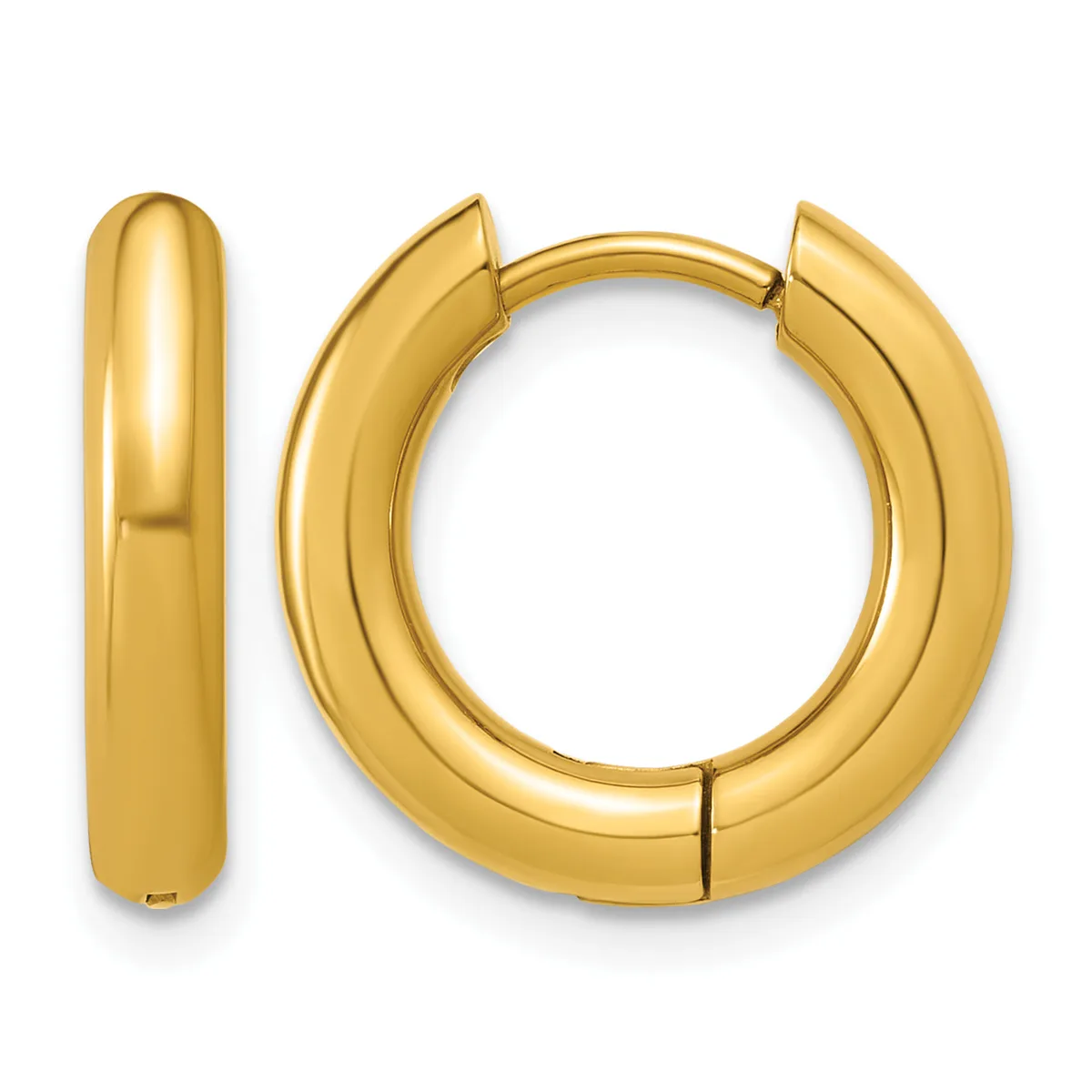 A pair of polished gold hoop earrings displayed against a white background, shown from the front and side view.