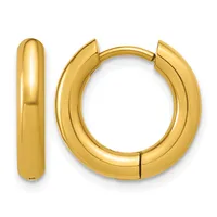 A pair of polished gold hoop earrings displayed against a white background, shown from the front and side view.