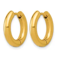 A pair of polished gold-colored chunky hoop earrings with a smooth, curved surface and hinged closures.