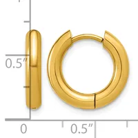 A pair of gold-colored chunky hoop earrings with a polished finish, shown front and side view with measurement scale indicating approximately 0.5 inch dimensions.