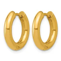 A pair of polished gold hoop earrings with a chunky, rounded profile and hinged closures.
