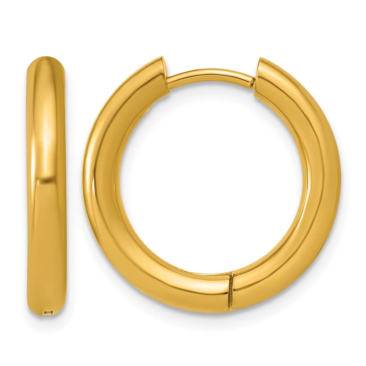 A pair of polished gold-colored hoop earrings with a hinged closure, shown from the front and side views.