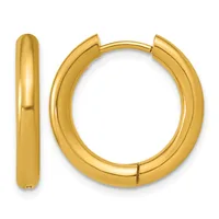 A pair of polished gold-colored hoop earrings with a hinged closure, shown from the front and side views.
