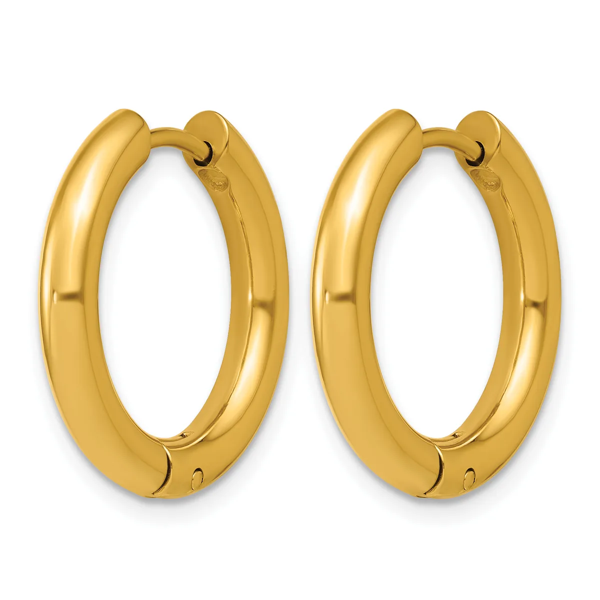 A pair of polished gold-toned chunky oval hoop earrings with hinged closures, displayed against a white background.