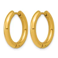 A pair of polished gold-toned chunky oval hoop earrings with hinged closures, displayed against a white background.