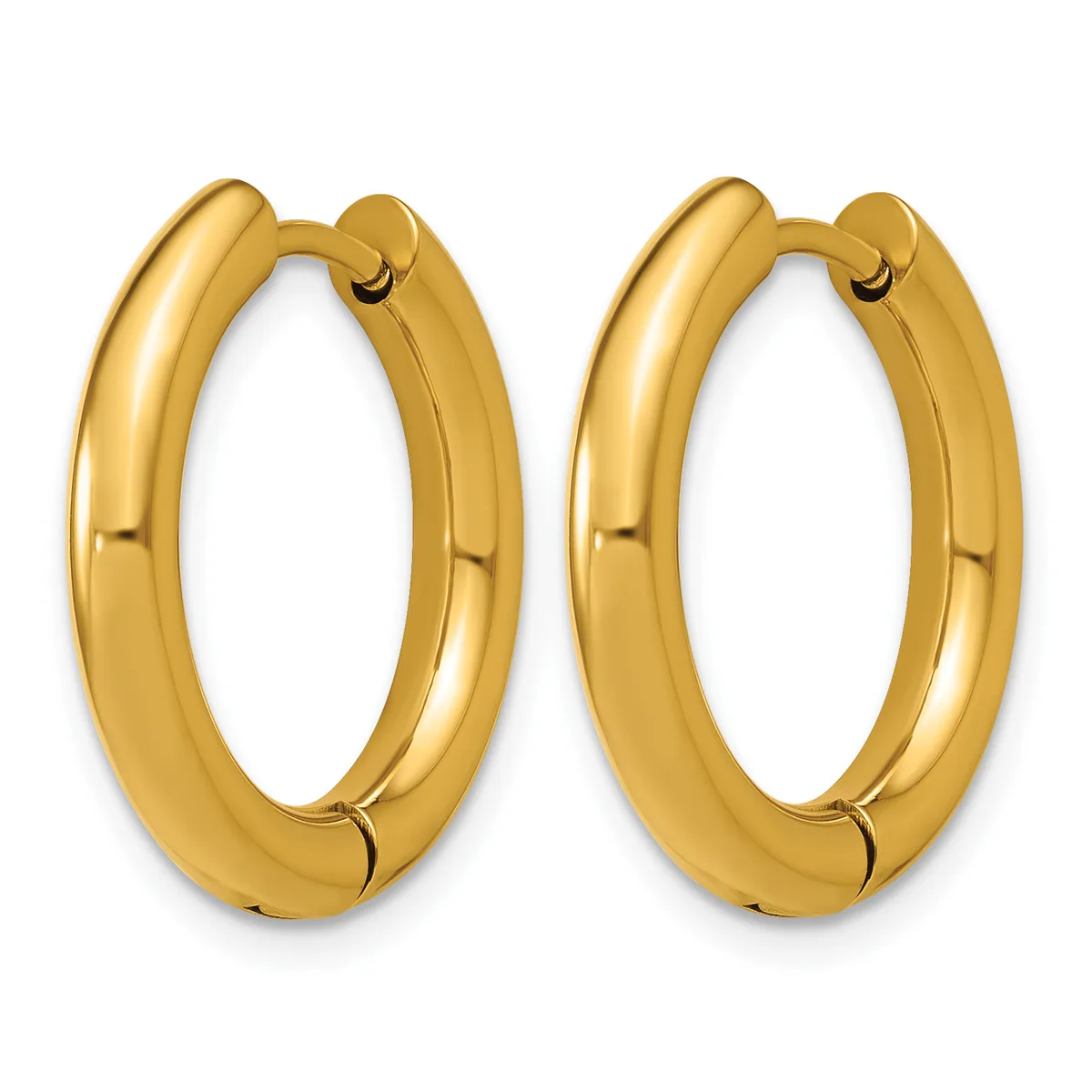 A pair of polished gold hoop earrings with a chunky, rounded profile and hinged posts, displayed side by side against a white background.