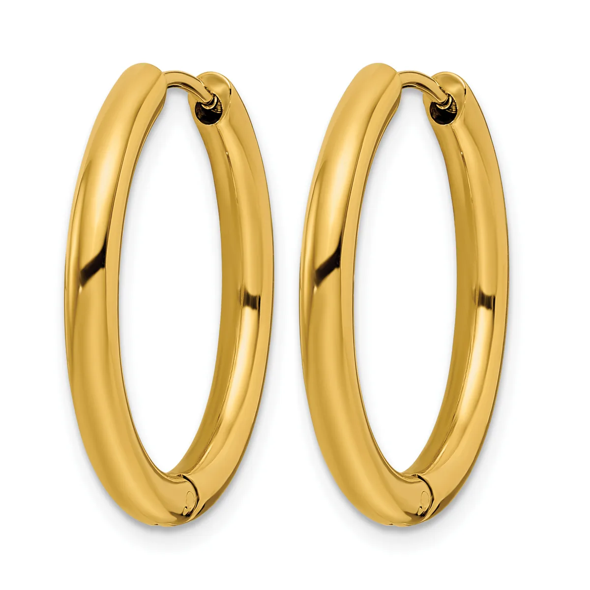 A pair of polished gold hoop earrings with a chunky oval shape and hinged closures, shown from the front against a white background.