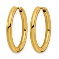 A pair of polished gold hoop earrings with a chunky oval shape and hinged closures, shown from the front against a white background.