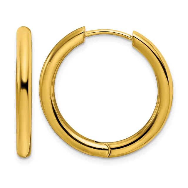 A pair of polished gold-colored hoop earrings displayed side by side, showing the front and side profile views.