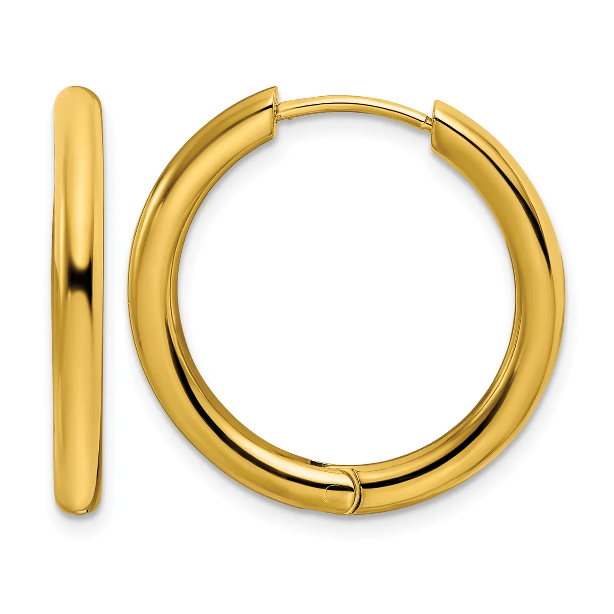 A pair of polished gold-colored hoop earrings displayed side by side, showing the front and side profile views.