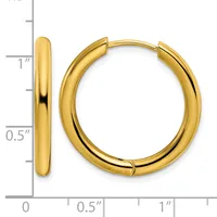 Pair of polished yellow gold chunky hoop earrings with hinged closures, shown from front and side views with a measurement scale.