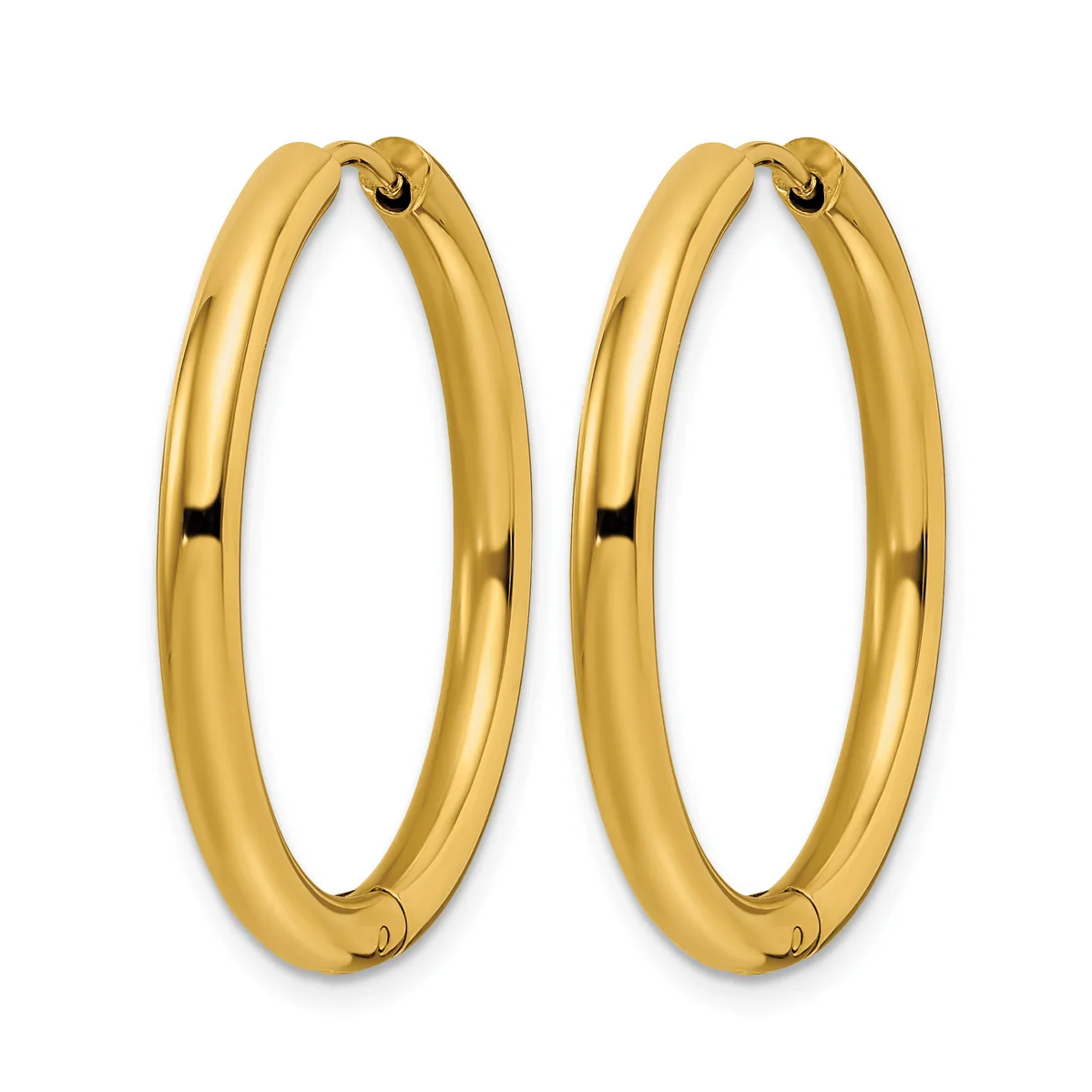 A pair of polished gold-colored oval hoop earrings with a smooth, rounded profile and hinged closures.