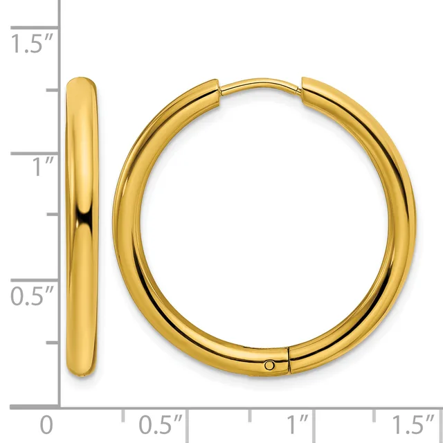 A pair of polished gold hoop earrings with a hinged clasp, shown from front and side views against a measurement ruler.