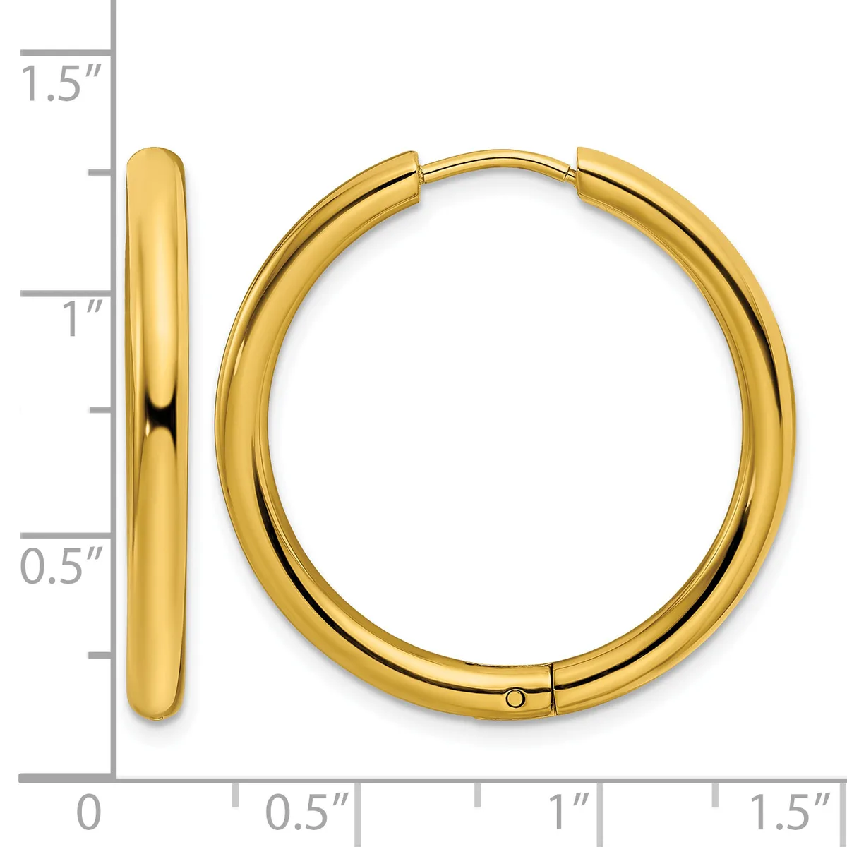 A pair of polished gold hoop earrings with a hinged clasp, shown from front and side views against a measurement ruler.