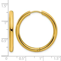 A pair of polished gold hoop earrings with a hinged clasp, shown from front and side views against a measurement ruler.