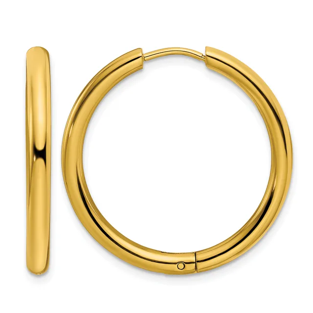 A pair of polished gold-colored hoop earrings with a chunky tubular design, shown from the front and side view.