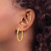 A person wearing gold hoop earrings is shown in profile, displaying their ear and dark curly hair against a warm-toned background.