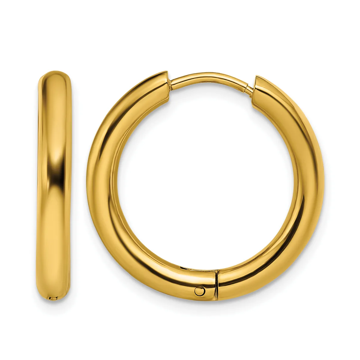 A pair of polished gold-colored hoop earrings with a hinged closure, shown from the front and side view.