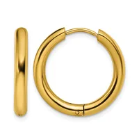 A pair of polished gold-colored hoop earrings with a hinged closure, shown from the front and side view.