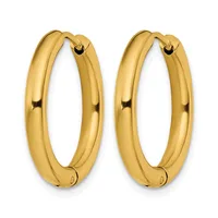 A pair of polished yellow gold hoop earrings with a chunky oval shape and hinged closures, shown against a white background.